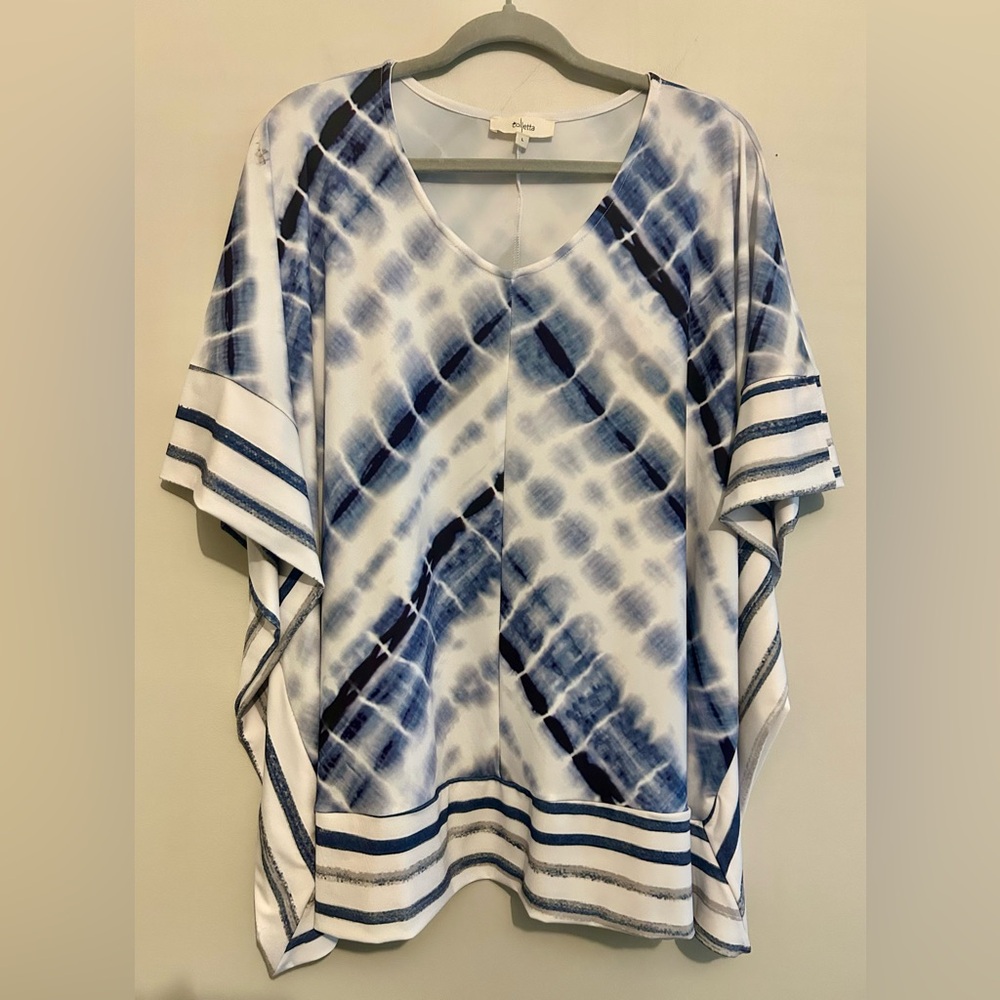 Colletta Navy Blue & White Tie Dye Striped Oversized Poncho Top Sz L Large XL 1x